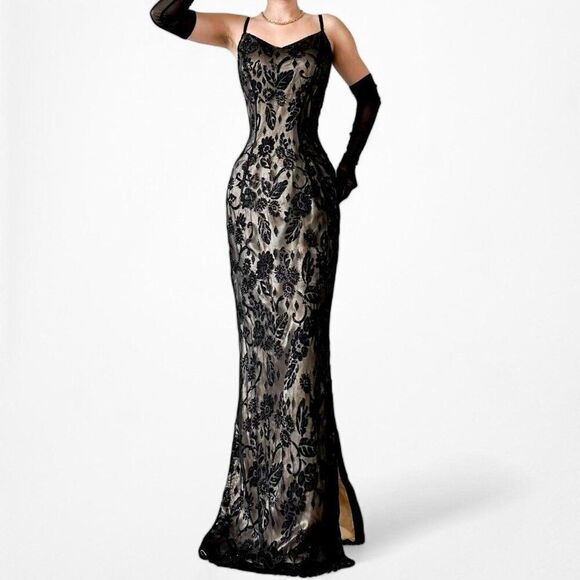 Vintage Brown Black Beaded Side Slit Bodycon Maxi Formal Prom Dress Size L - Picture 2 of 7